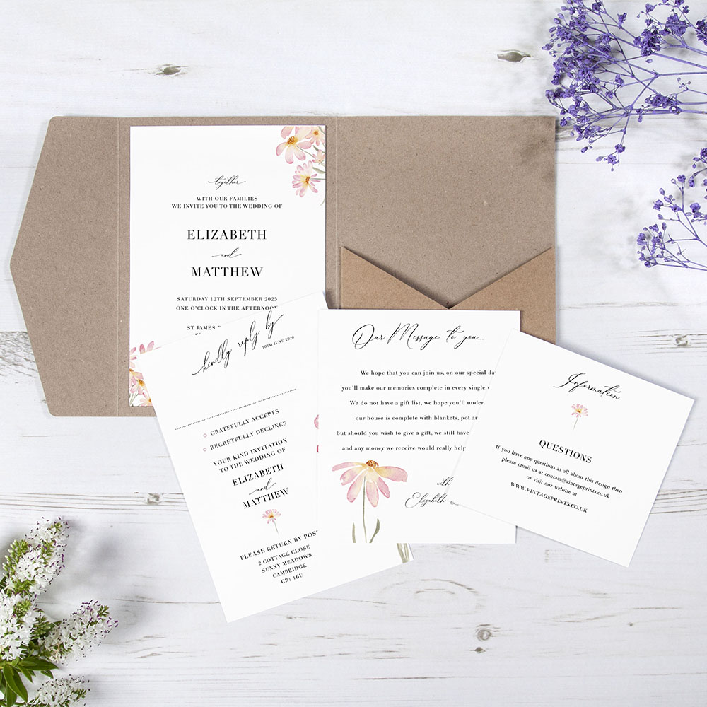 'Daisy Pink' Pocketfold Wedding Invitation