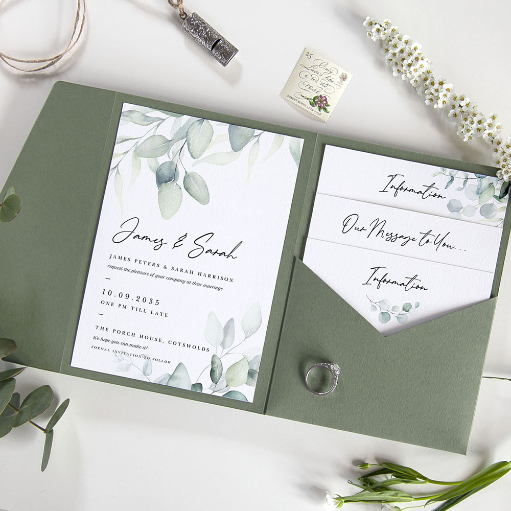 'Dreamy Eucalyptus' Pocketfold Wedding Invitation Sample