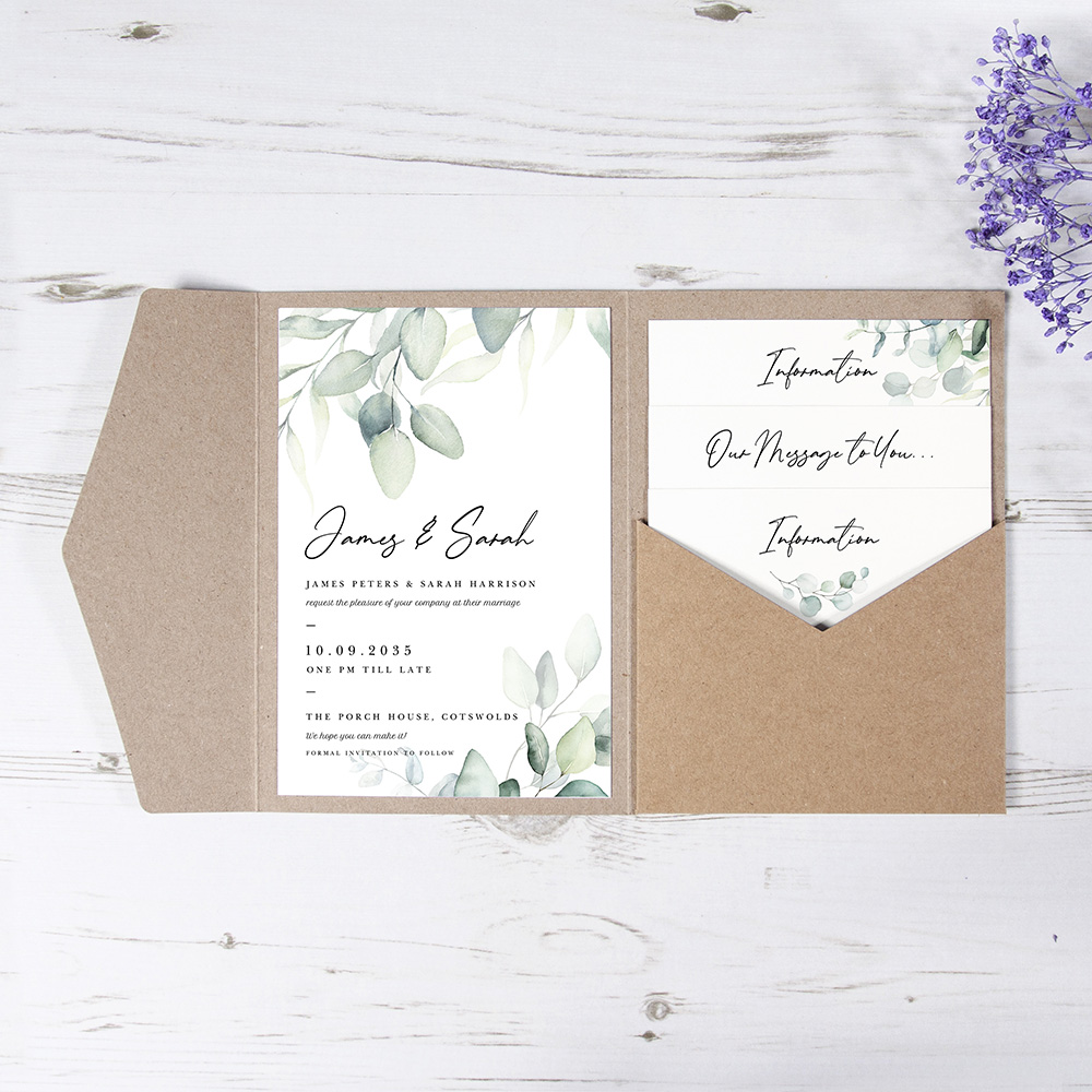 'Dreamy Eucalyptus' Pocketfold Wedding Invitation Sample