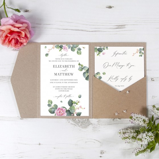 'Eucalyptus Blush' Pocketfold Wedding Invitation Sample