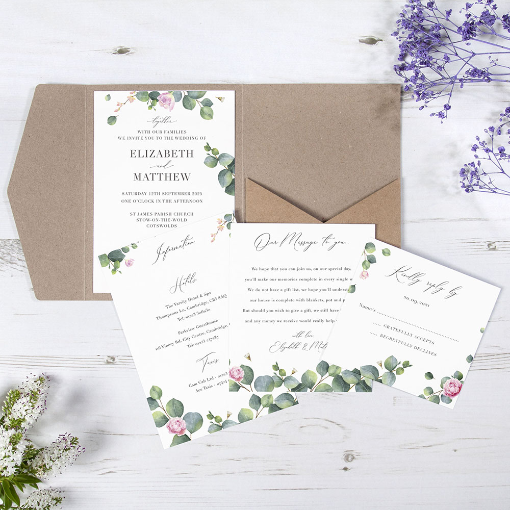 'Eucalyptus Blush' Pocketfold Wedding Invitation