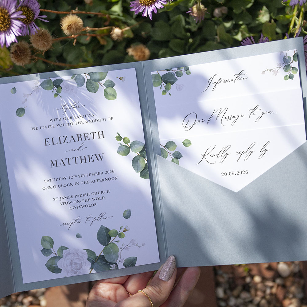'Eucalyptus White' Pocketfold Wedding Invitation