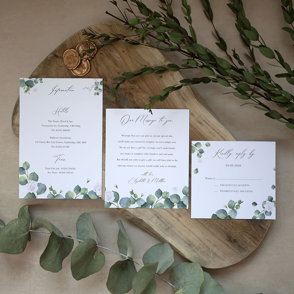 'Eucalyptus White' Pocketfold Wedding Invitation
