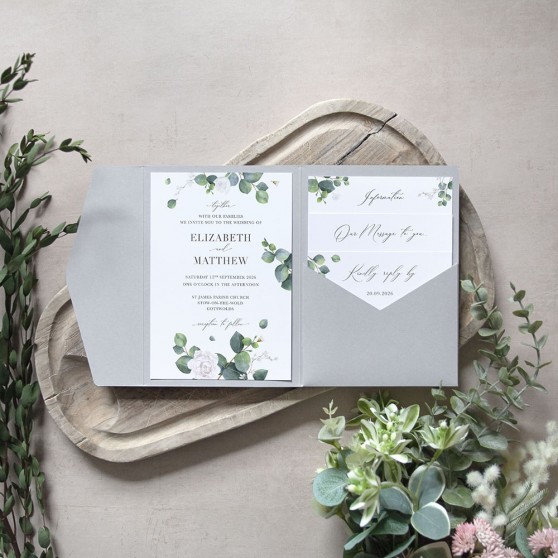 'Eucalyptus White' Pocketfold Wedding Invitation