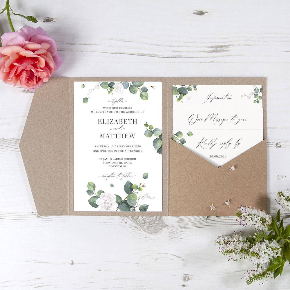 'Eucalyptus White' Pocketfold Wedding Invitation