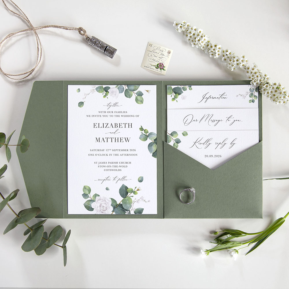 'Eucalyptus White' Pocketfold Wedding Invitation