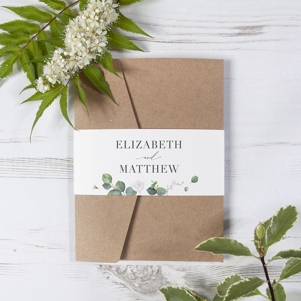 'Eucalyptus White' Pocketfold Wedding Invitation