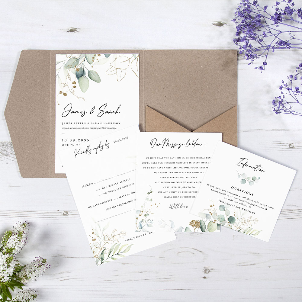 'Green & Gold Eucalyptus' Pocketfold Wedding Invitation