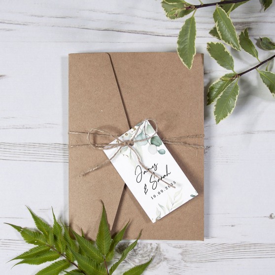 'Green & Gold Eucalyptus' Pocketfold Wedding Invitation Sample