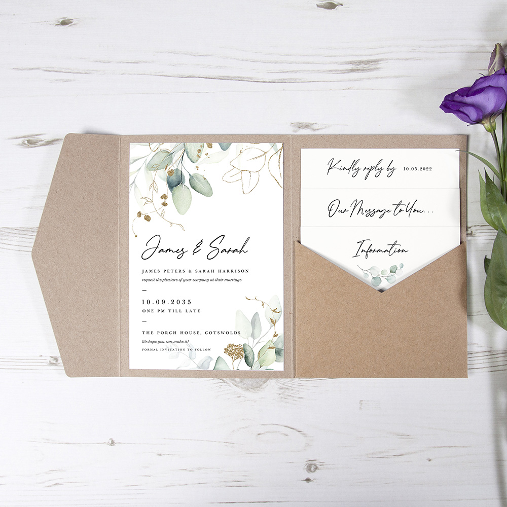 'Green & Gold Eucalyptus' Pocketfold Wedding Invitation