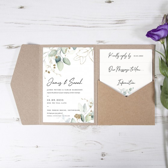'Green & Gold Eucalyptus' Pocketfold Wedding Invitation Sample