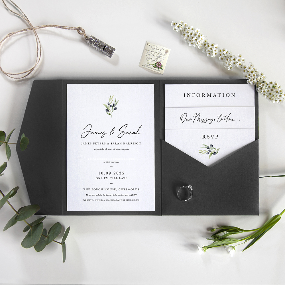 'Olive Leaves OL100' Pocketfold Wedding Invitation