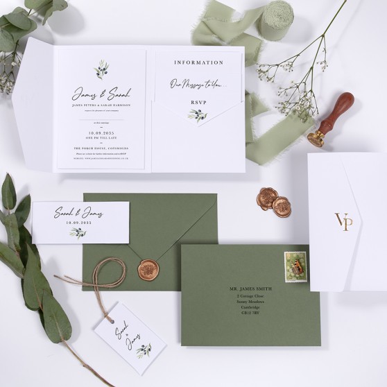 'Olive Leaves OL100' Pocketfold Wedding Invitation Sample