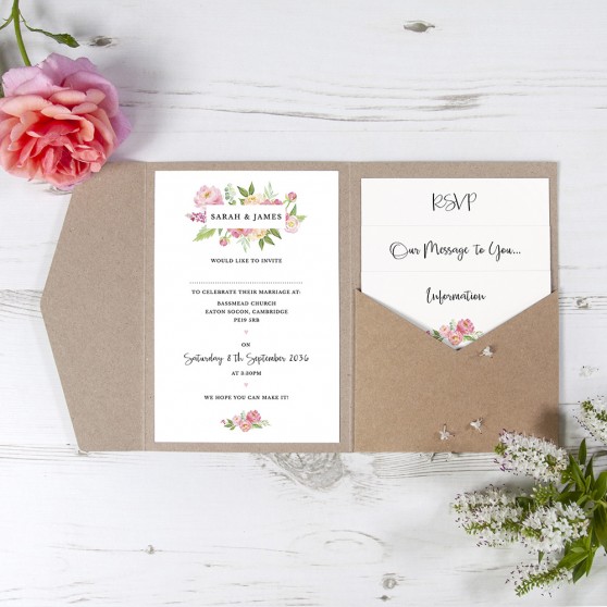'Peony' Pocketfold Wedding Invitation Sample