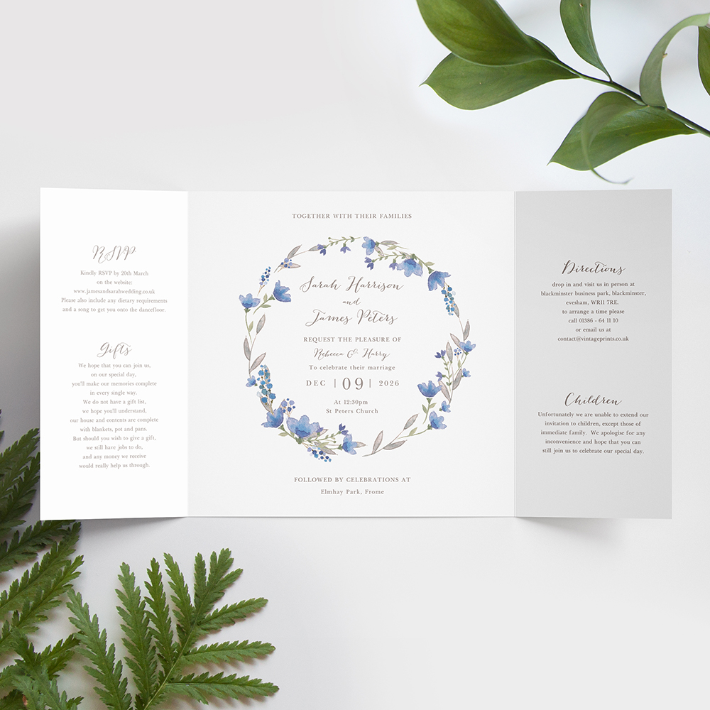 'Blue Floral Watercolour' Printed Gatefold Wedding Invitation Sample