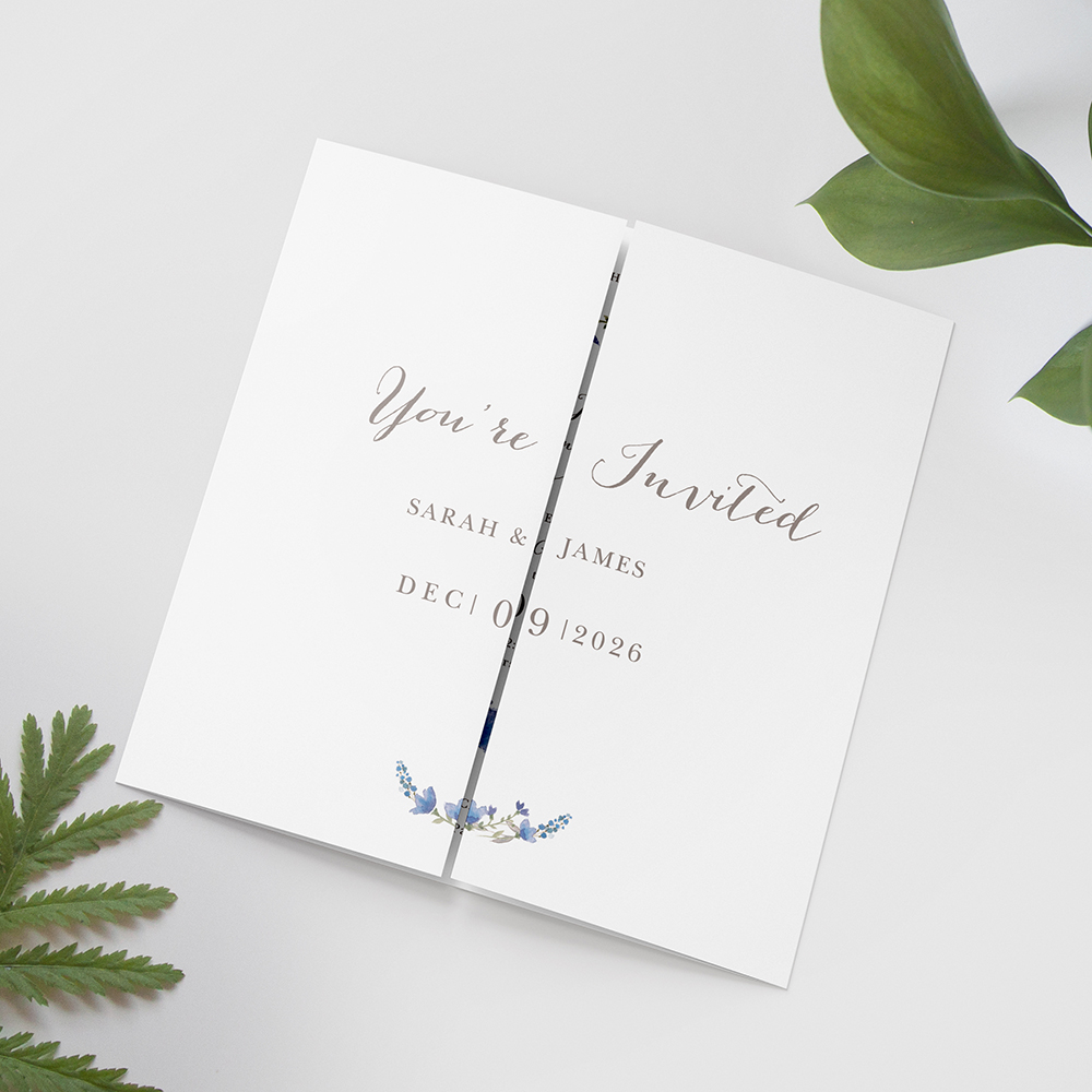'Blue Floral Watercolour' Printed Gatefold Wedding Invitation Sample