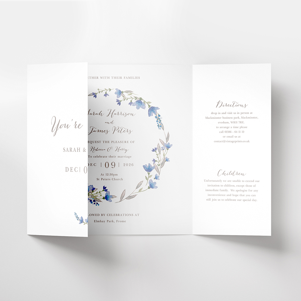 'Blue Floral Watercolour' Printed Gatefold Wedding Invitation Sample