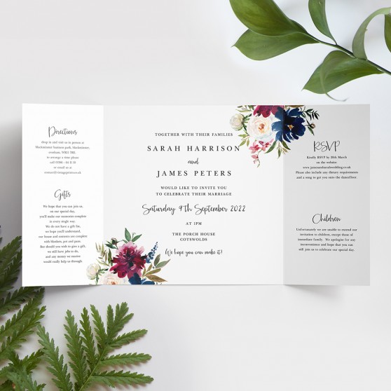 'Blue & Red Velvet' Printed Gatefold Wedding Invitation Sample