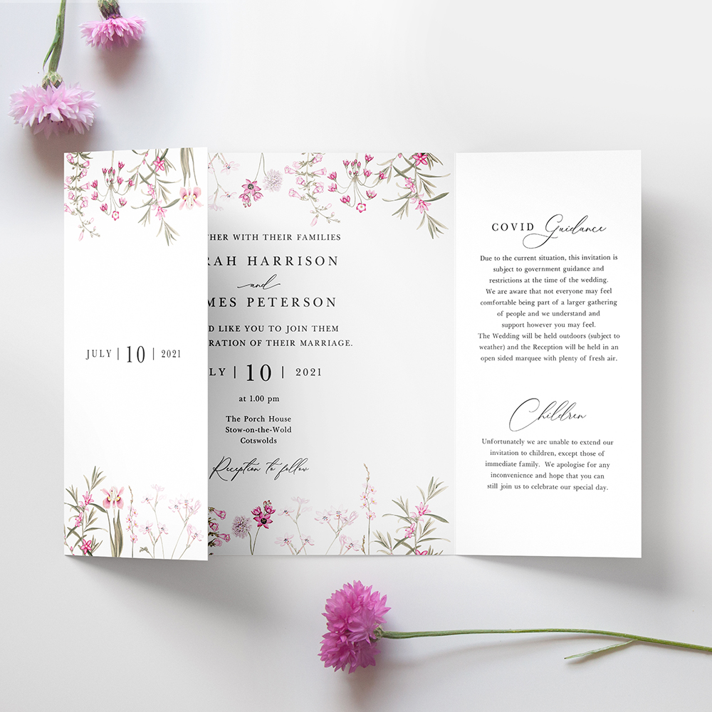 'Pink Botanical' Printed Gatefold Wedding Invitation