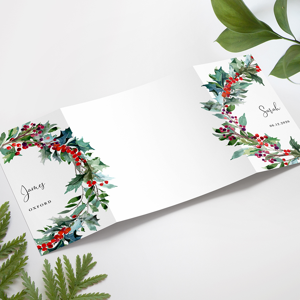 'Christmas Holly' Printed Gatefold Wedding Invitation