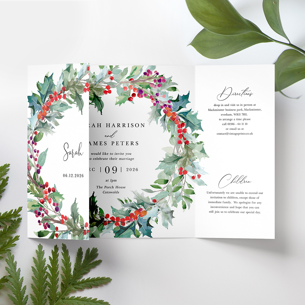 'Christmas Holly' Printed Gatefold Wedding Invitation