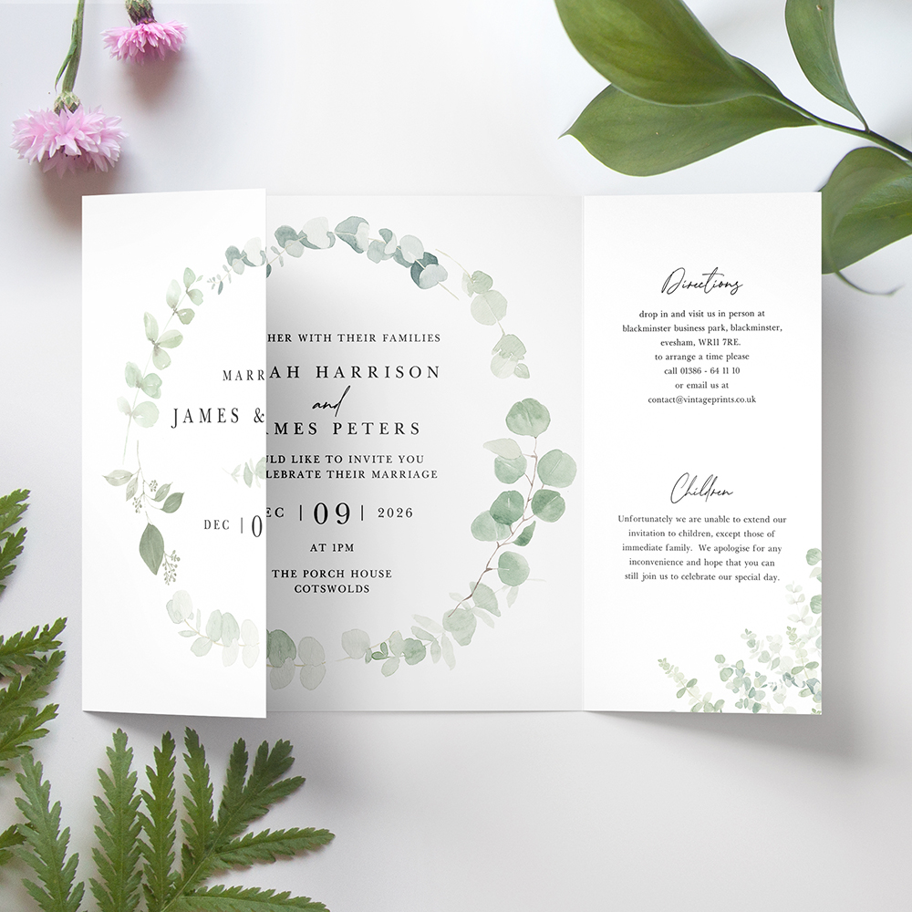 'Classic Eucalyptus' Printed Gatefold Wedding Invitation Sample