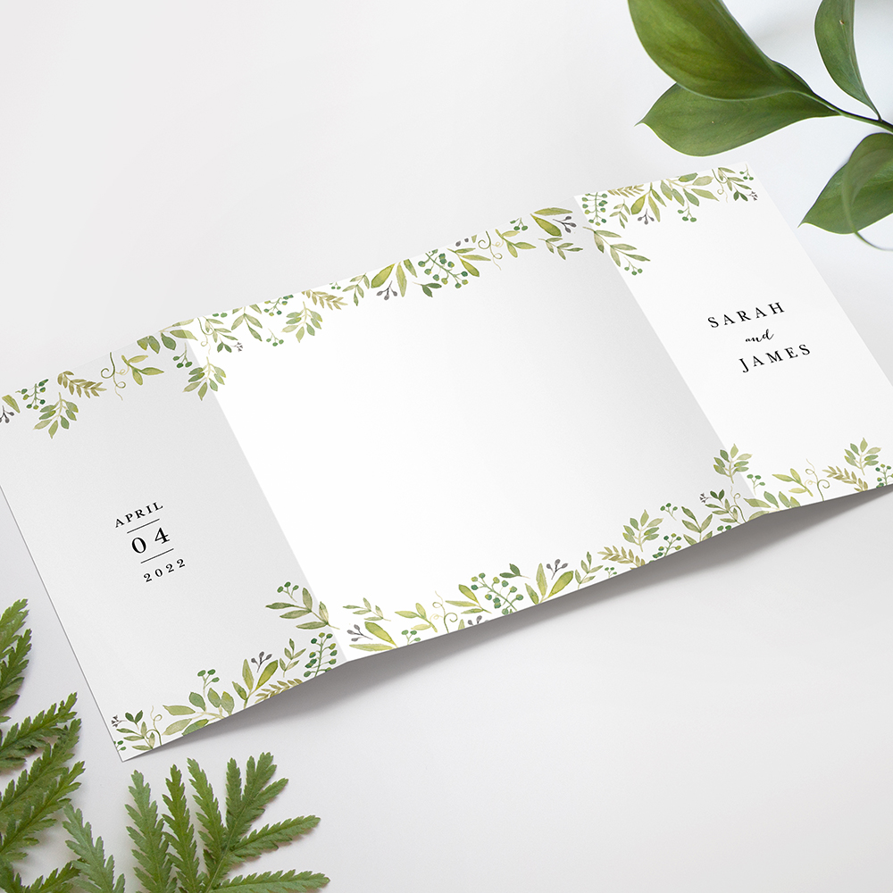 'Green Floral Watercolour' Printed Gatefold Wedding Invitation