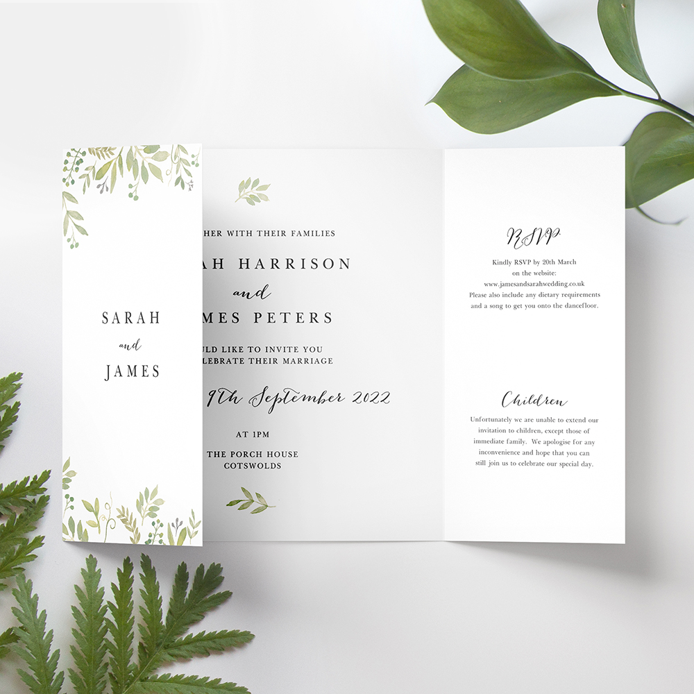 'Green Floral Watercolour' Printed Gatefold Wedding Invitation