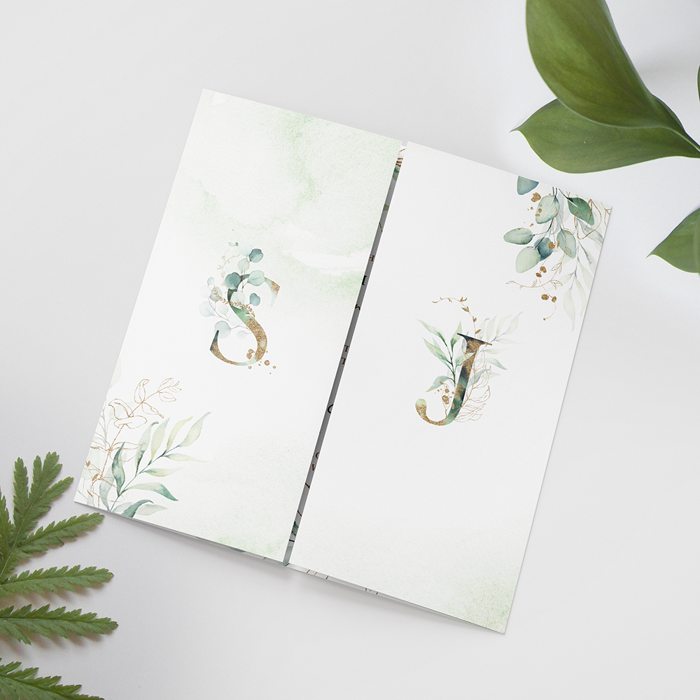 'Green & Gold Eucalyptus' Printed Gatefold Wedding Invitation Sample