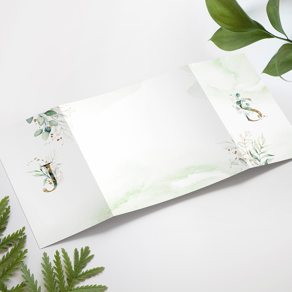 'Green & Gold Eucalyptus' Printed Gatefold Wedding Invitation Sample