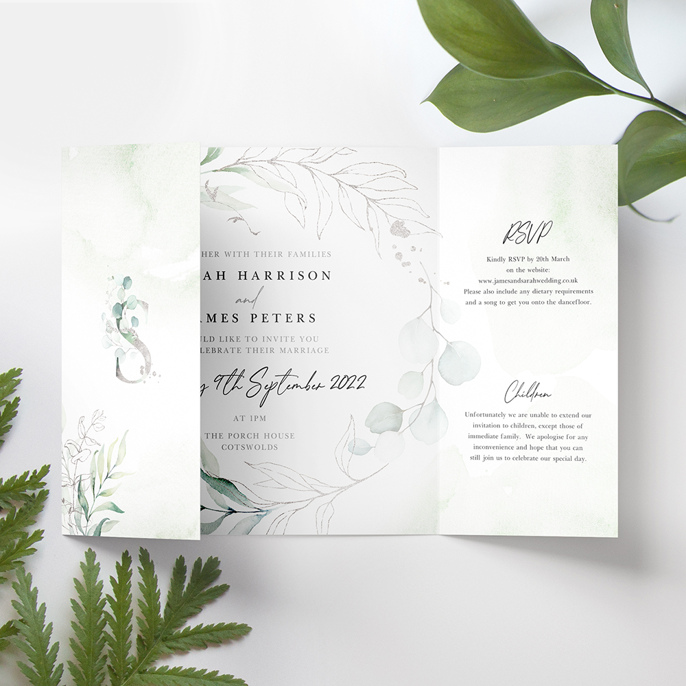 'Silver Eucalyptus' Printed Gatefold Wedding Invitation Sample