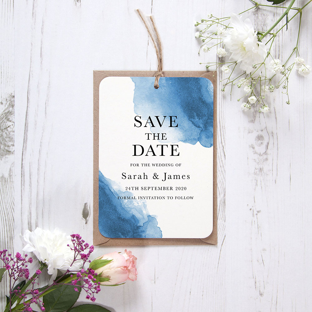 'Blue Watercolour Splash' Tag Save the Date Sample