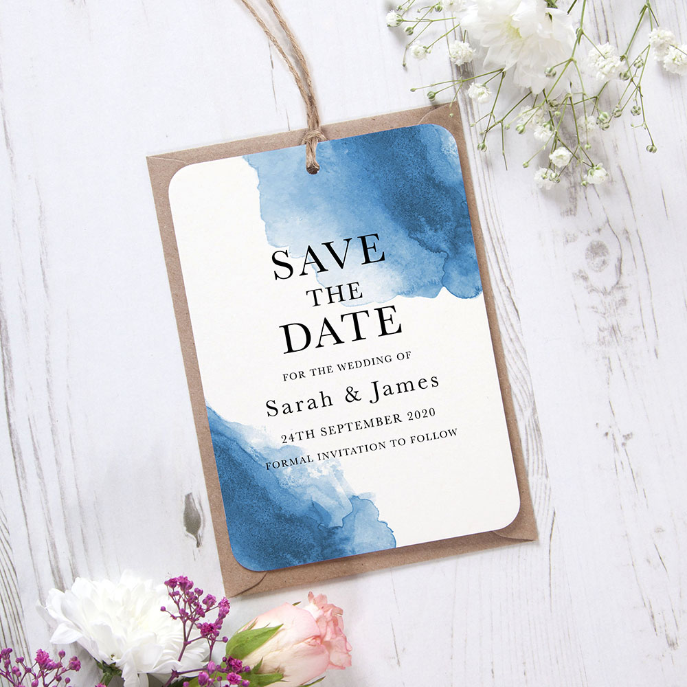 'Blue Watercolour Splash' Tag Save the Date Sample