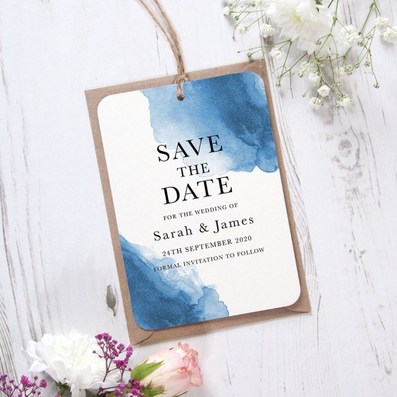 'Blue Watercolour Splash' Tag Save the Date Sample