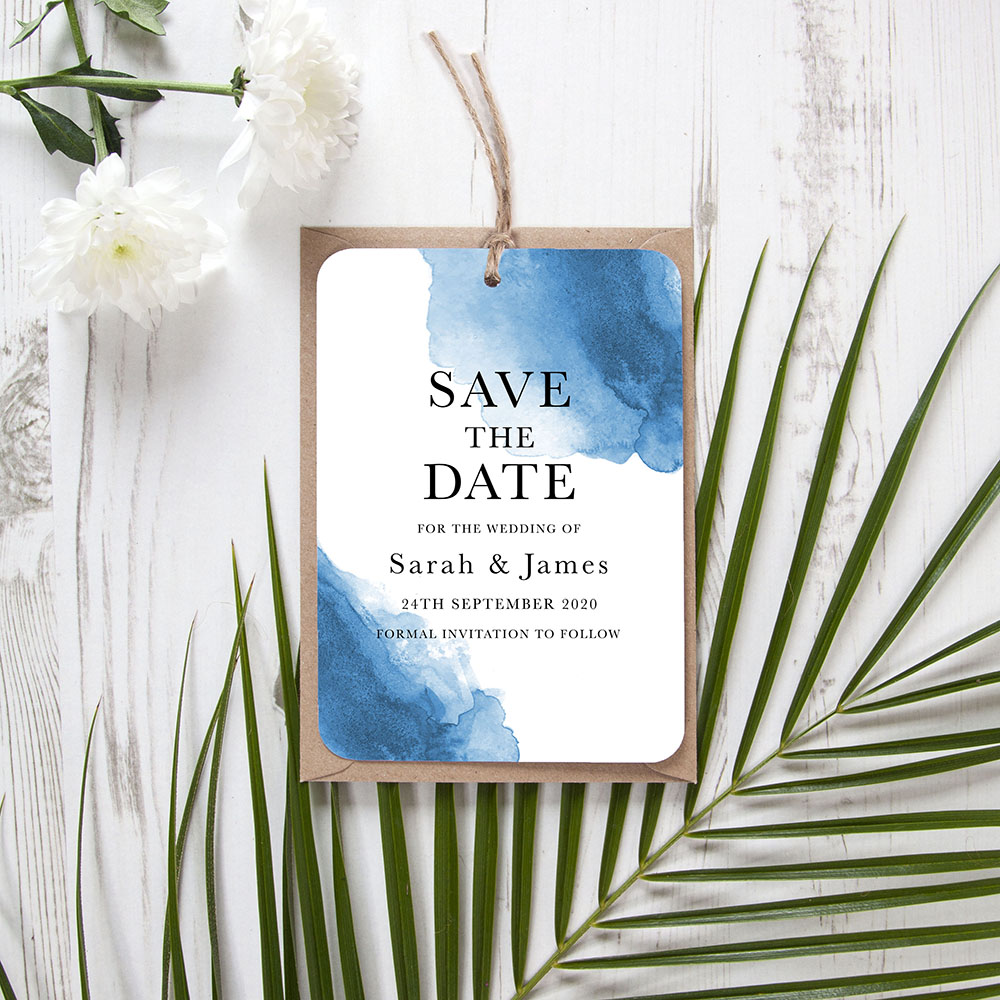 'Blue Watercolour Splash' Tag Save the Date Sample