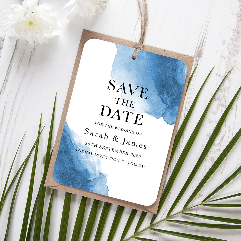 'Blue Watercolour Splash' Tag Save the Date Sample