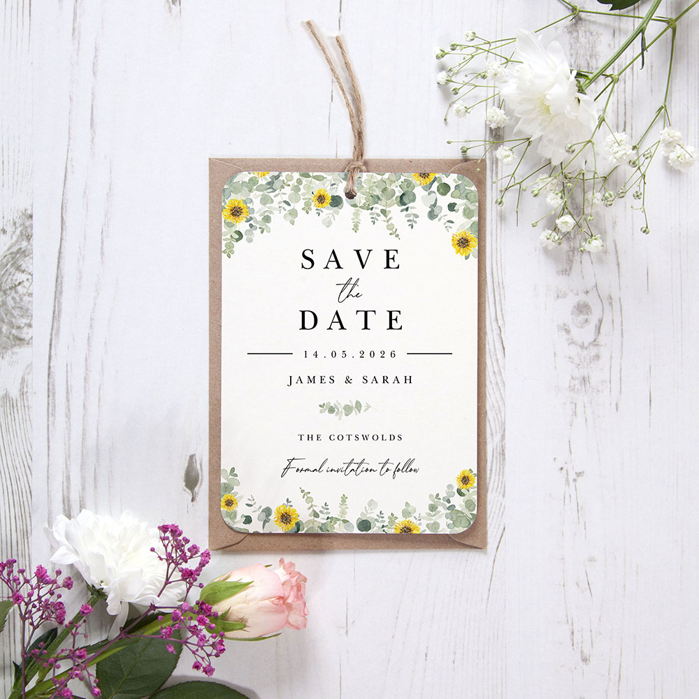 'Classic Eucalyptus Sunflower CE19' Save the Date Tag
