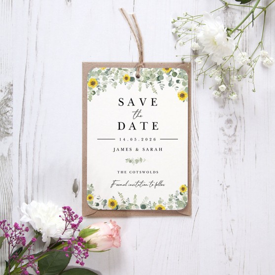'Classic Eucalyptus Sunflower CE19' Tag Save the Date Sample