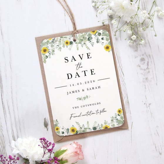 'Classic Eucalyptus Sunflower CE19' Tag Save the Date Sample