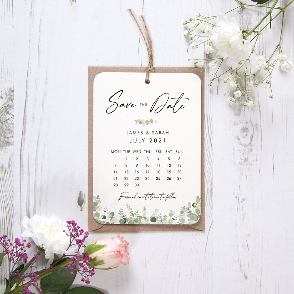 'Classic Eucalyptus Calendar CE12' Tag Save the Date Sample