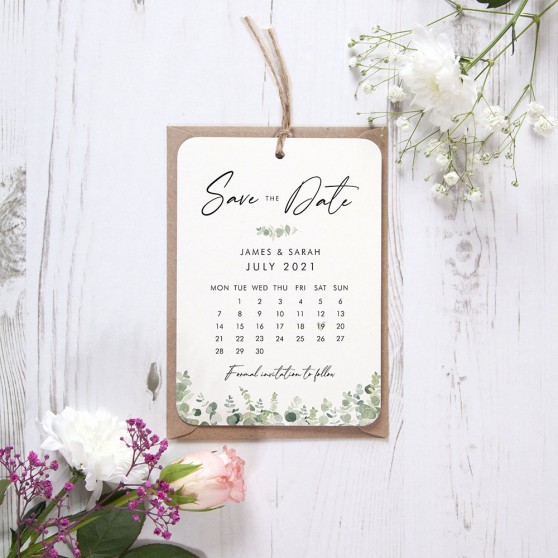'Classic Eucalyptus Calendar CE12' Tag Save the Date Sample