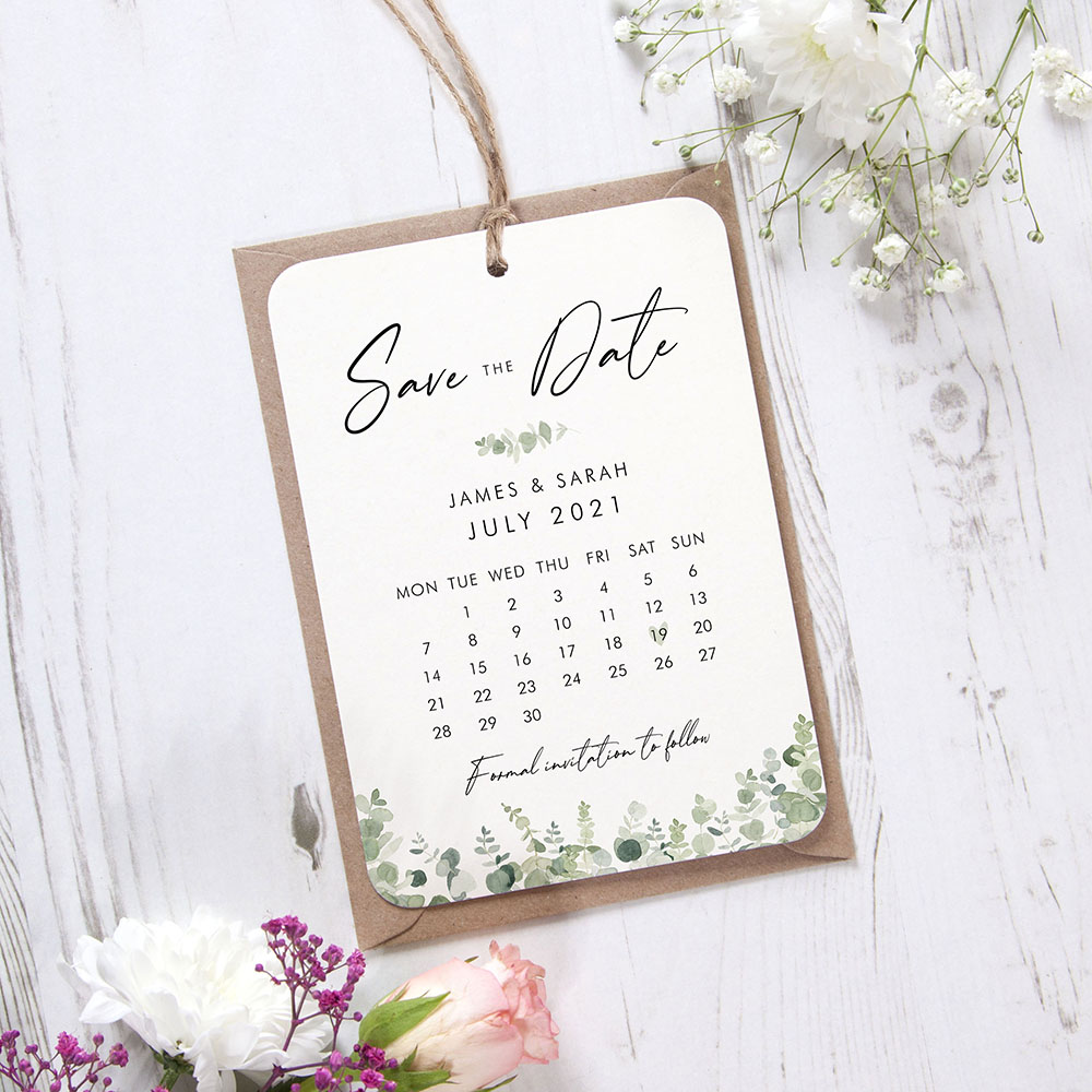'Classic Eucalyptus Calendar CE12' Tag Save the Date Sample