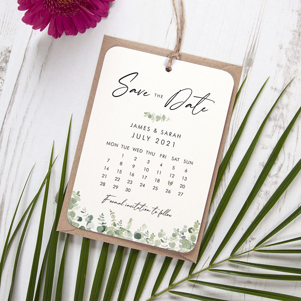 'Classic Eucalyptus Calendar CE12' Tag Save the Date Sample