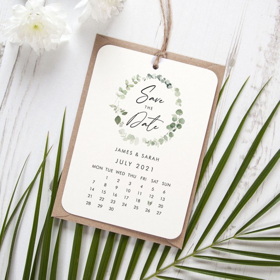 'Classic Eucalyptus Calendar CE13' Tag Save the Date Sample