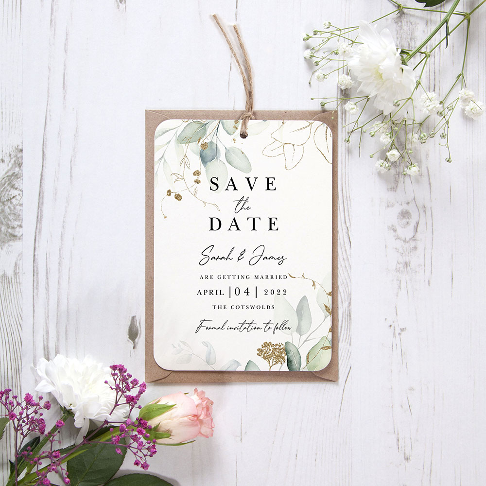 'Green & Gold Eucalyptus EG10' Tag Save the Date Sample