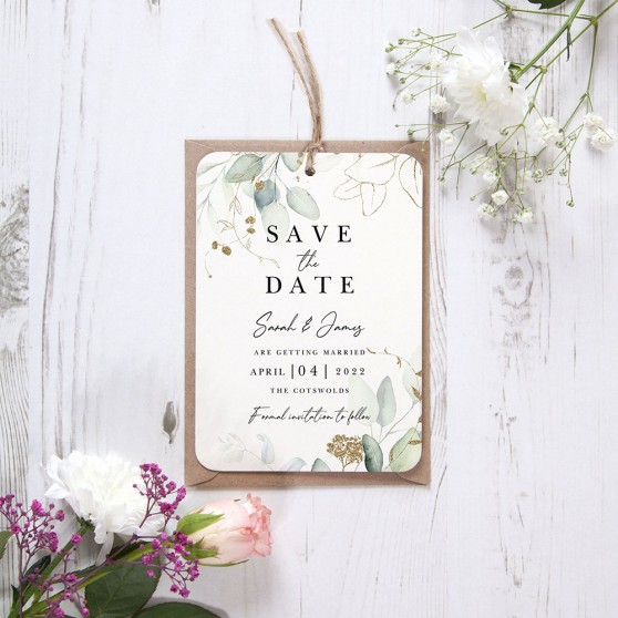 'Green & Gold Eucalyptus EG10' Tag Save the Date Sample