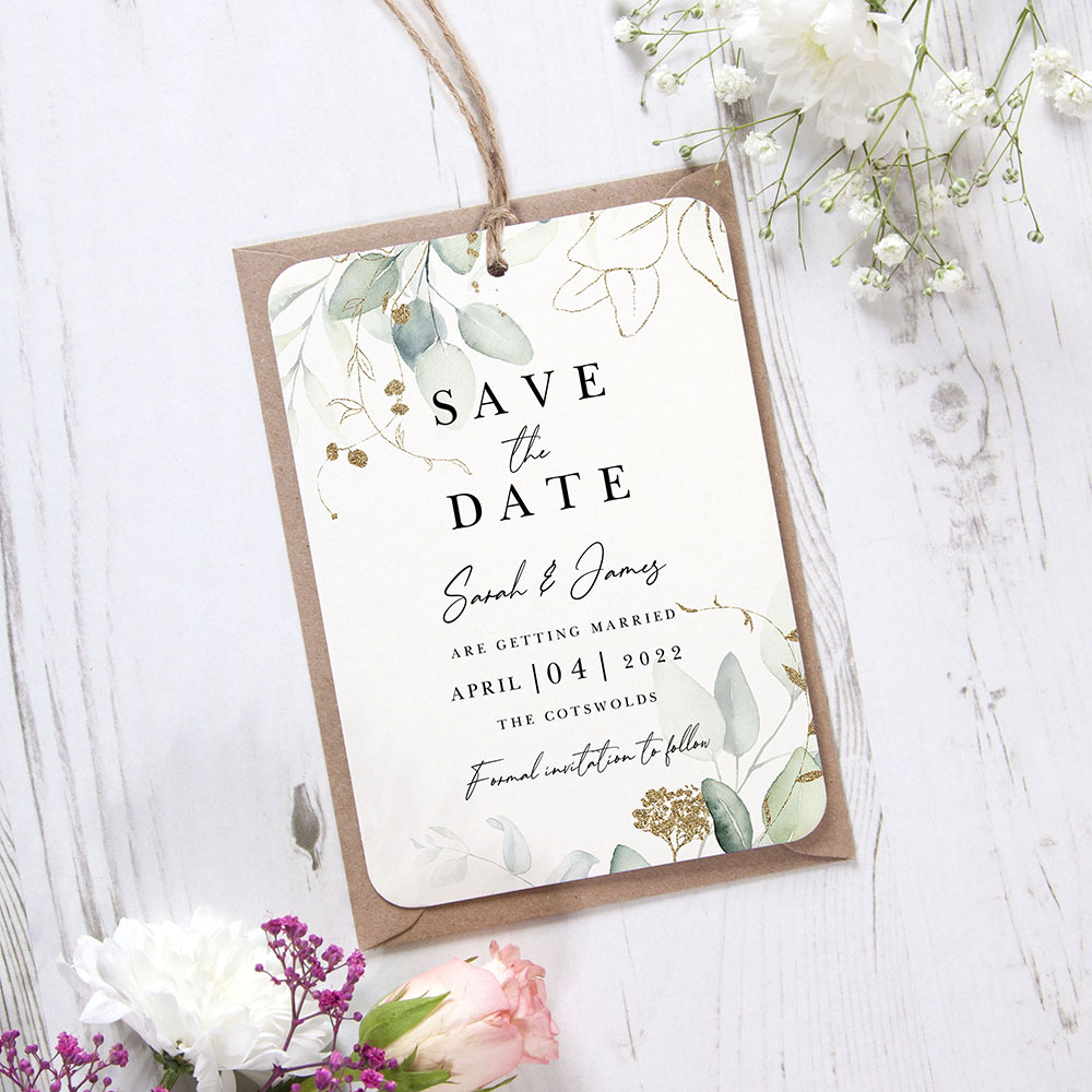 'Green & Gold Eucalyptus EG10' Tag Save the Date Sample