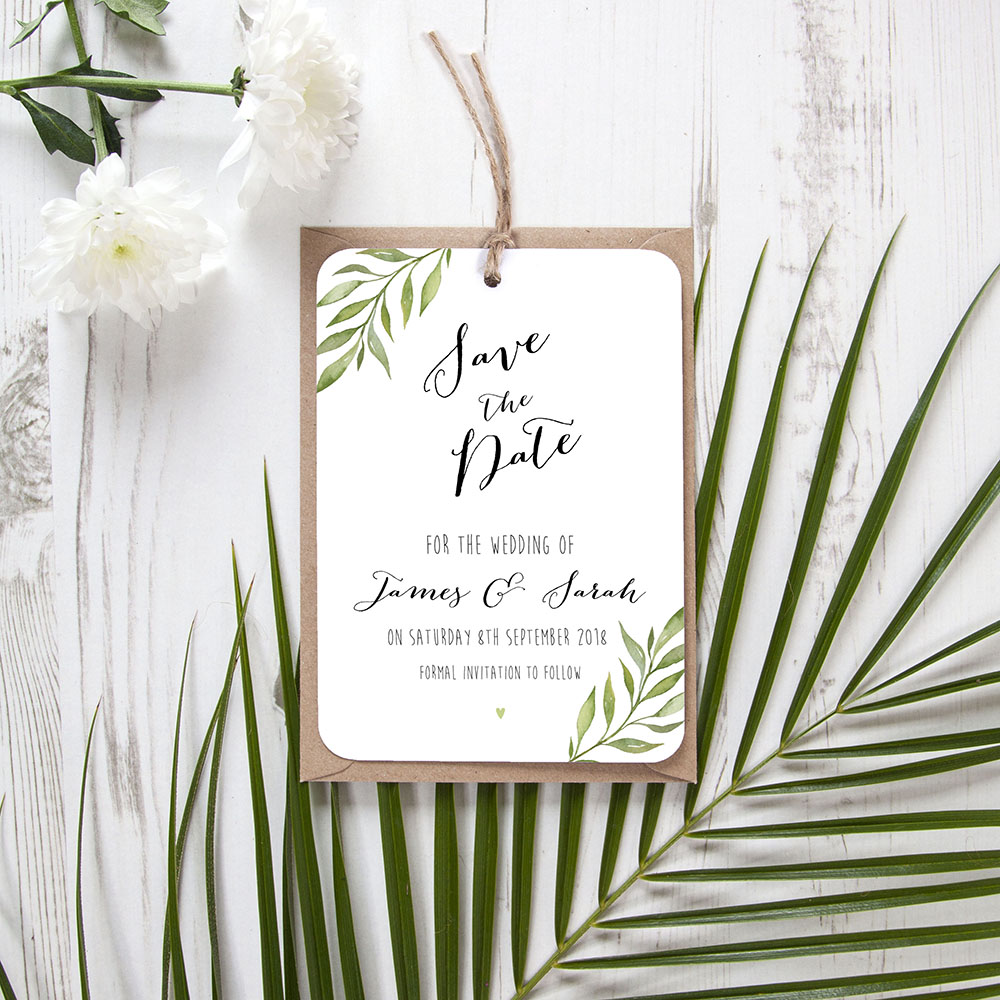 'Green Leaf' Tag Save the Date Sample