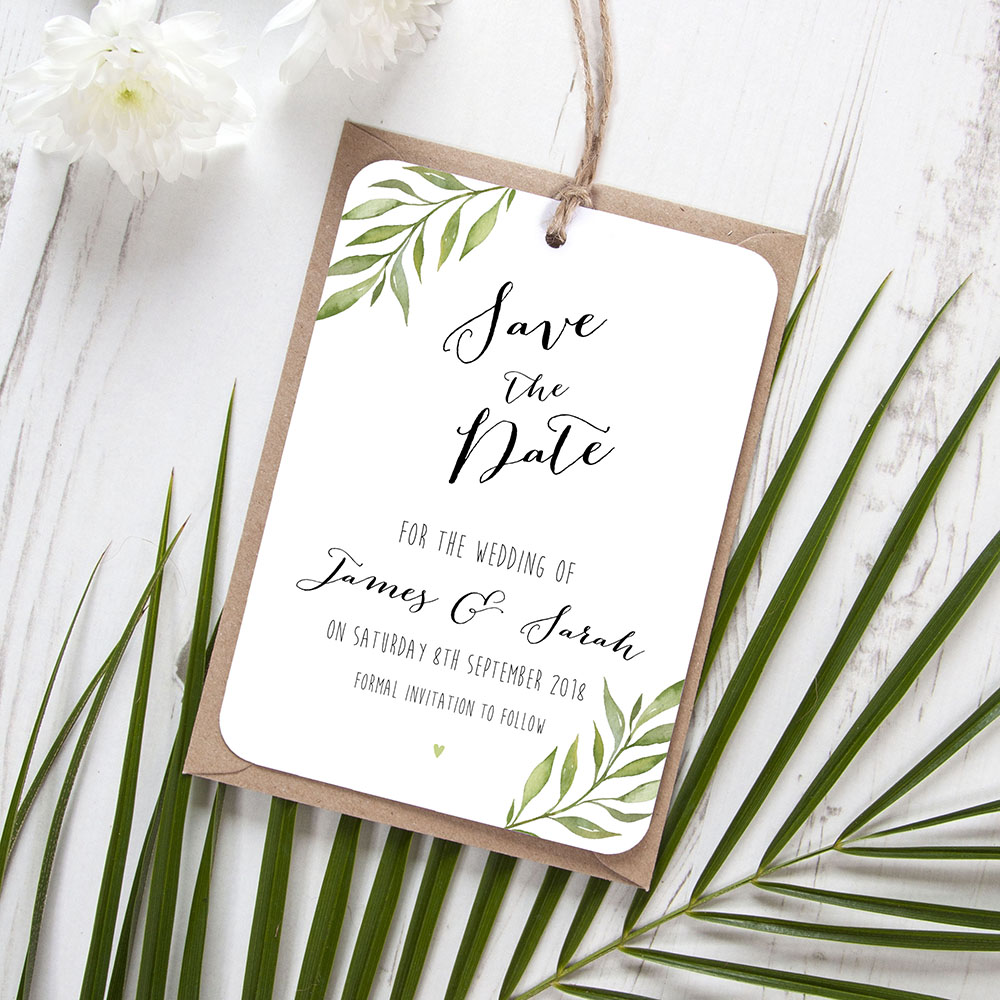 'Green Leaf' Tag Save the Date Sample