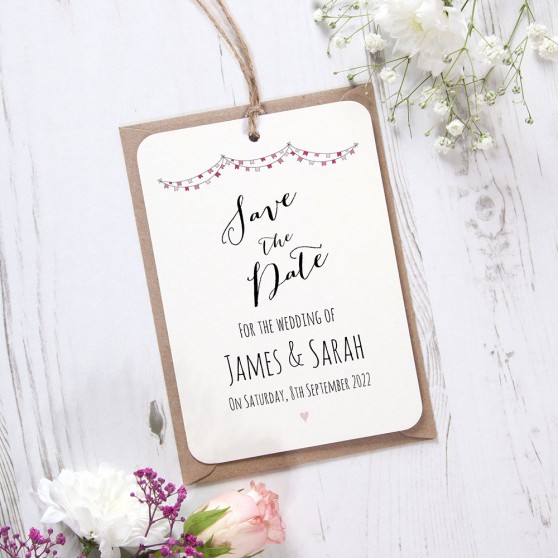 'Pink Flag Bunting' Tag Save the Date Sample